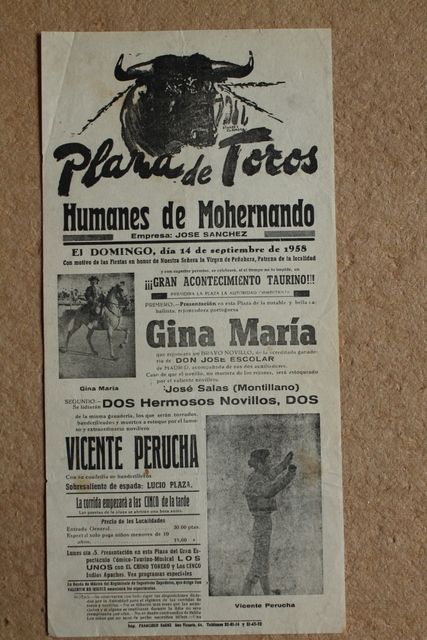 Cartel de toros de Humanes de Mohernando. 14 de septiembre de 1958.
