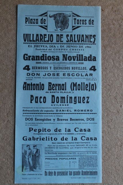 Cartel de toros de Villarejo de Salvanés. 1 de junio de 1961.