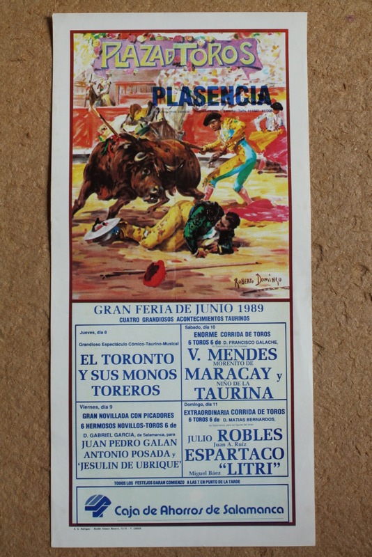 Cartel de toros de Plasencia. Gran Feria de Junio 1989. 8, 9, 10 y 11 de junio.