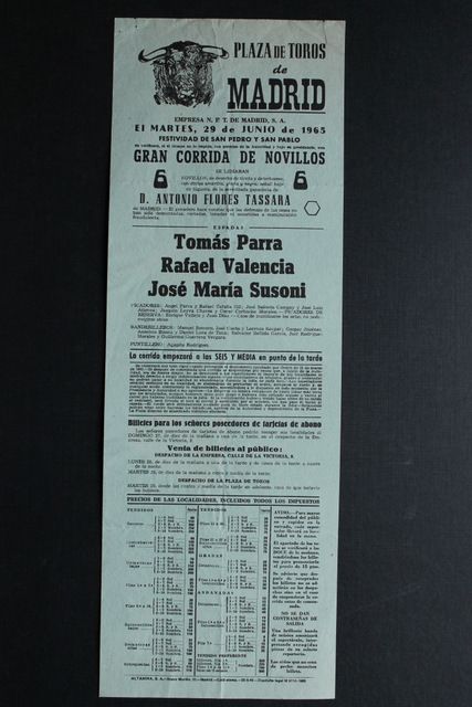 Cartel de toros de Madrid. 29 de junio de 1965.