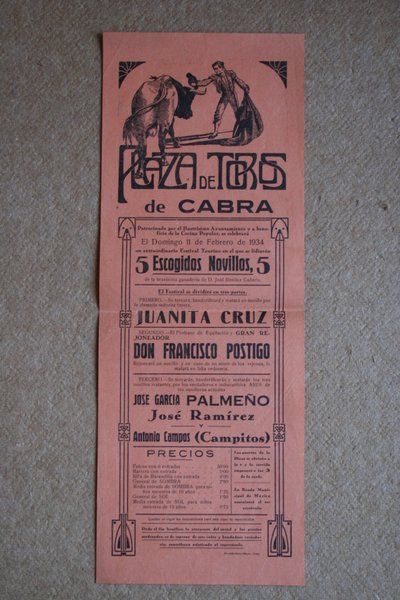 Cartel de toros de Cabra. 11 de febrero de 1934.