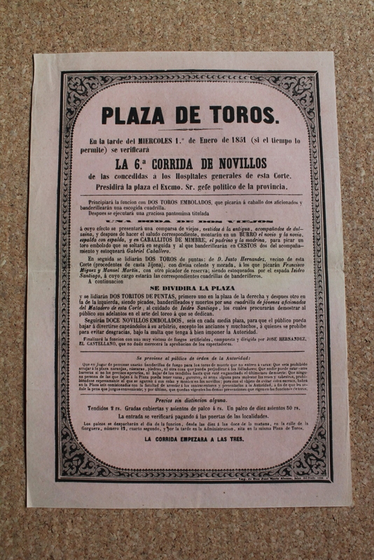 Cartel de toros de Madrid. 1 de enero de 1851.