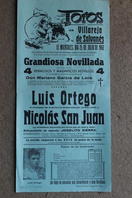 Cartel de toros de Villarejo de Salvanés. 25 de julio de 1962.