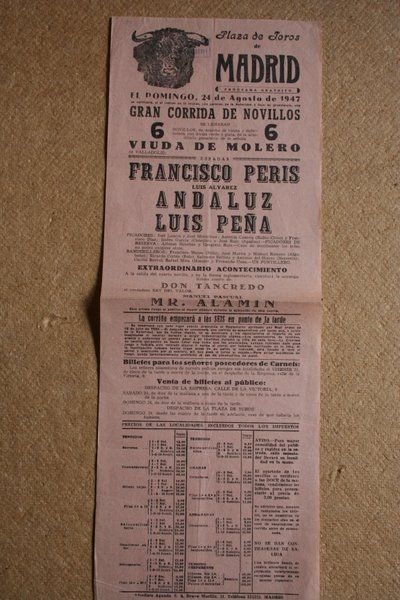 Cartel de toros de Madrid. 24 de agosto de 1947.