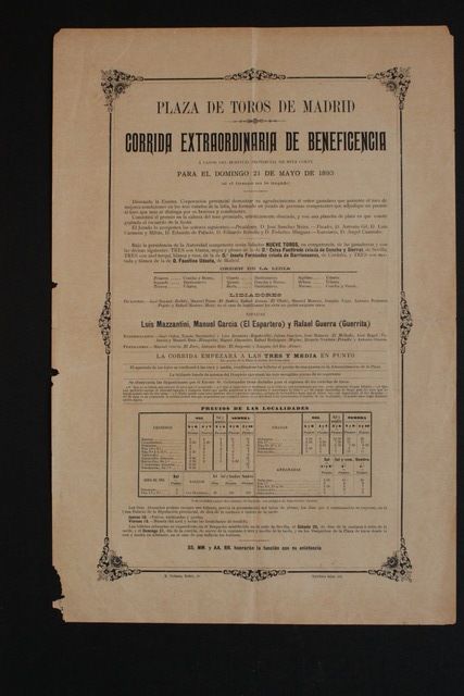 Cartel de toros de Madrid. Beneficencia. 21 de mayo de 1893. 