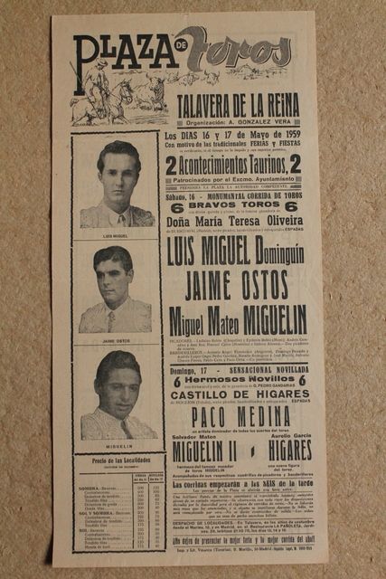 Cartel de toros de Talavera de la Reina. 16 y 17 de mayo de 1959. 