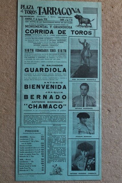 Cartel de toros de Tarragona. 17 de agosto de 1958. 