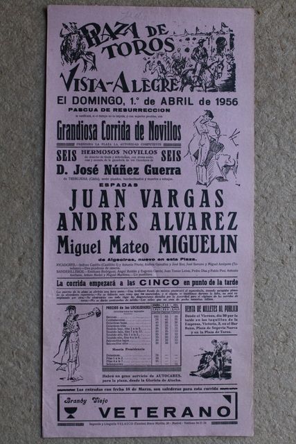 Cartel de toros de Vista-Alegre. Madrid. 1 de abril de 1956.