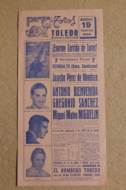 Cartel de toros de Toledo. 19 de agosto de 1959.