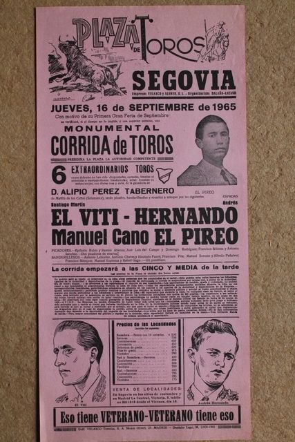 Cartel de toros de Segovia. 16 de septiembre de 1965. 