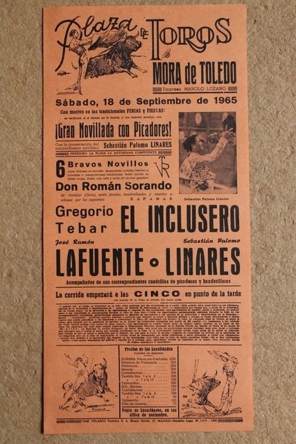 Cartel de torosde Mora de Toledo. 18 de septiembre de 1965.