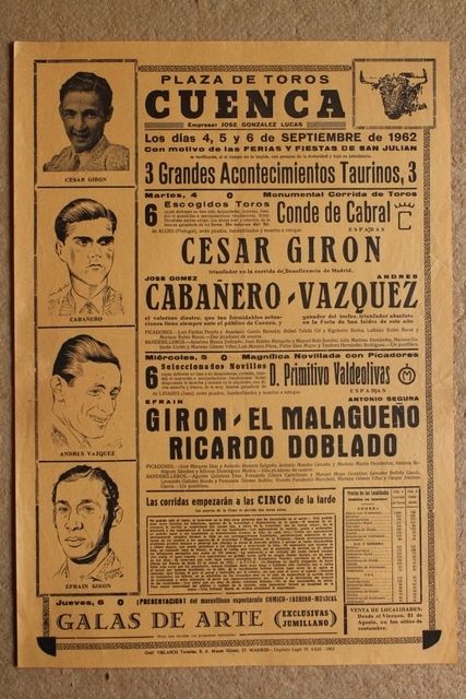 Cartel de toros de Cuenca. 4, 5 y 6 de septiembre de 1962.