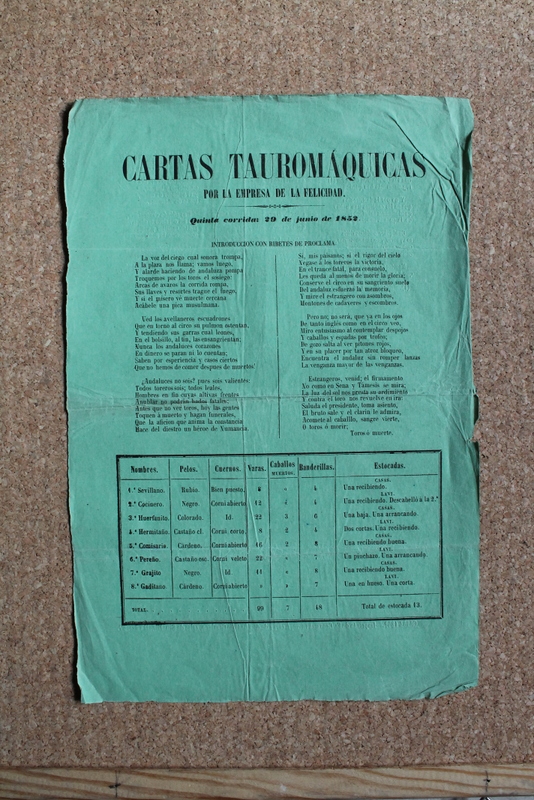 Cartas tauromáquicas. Por la empresa de La Felicidad. Quinta corrida: 29 de junio de 1852.