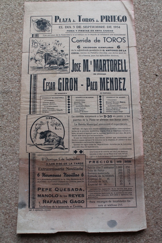 Cartel de toros de Priego. 3 de septiembre de 1954.