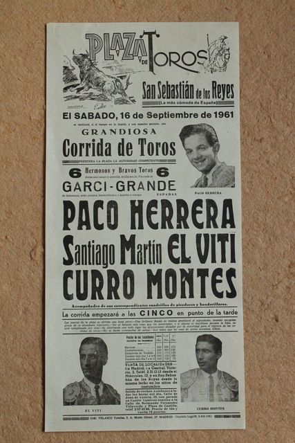 Cartel de toros de San Sebastián de los Reyes. 16 de septiembre de 1961. 