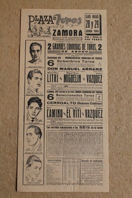 Cartel de toros de Zamora. 28 y 29 de junio de 1964.