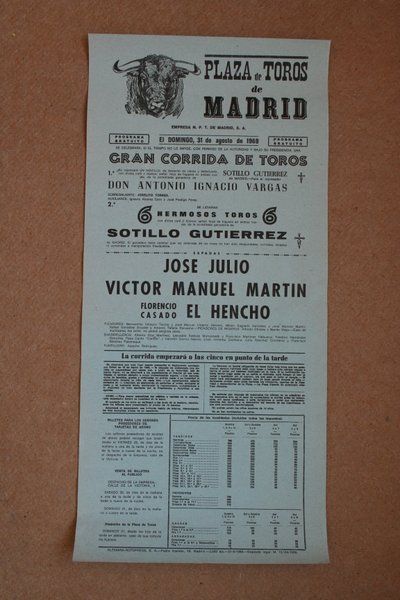 Cartel de toros de Madrid. 31 de agosto de 1969.