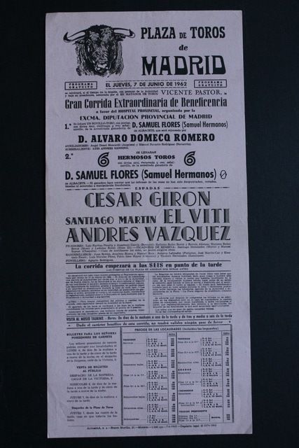 Cartel de toros de Madrid. Beneficencia. 7 de junio de 1962. 