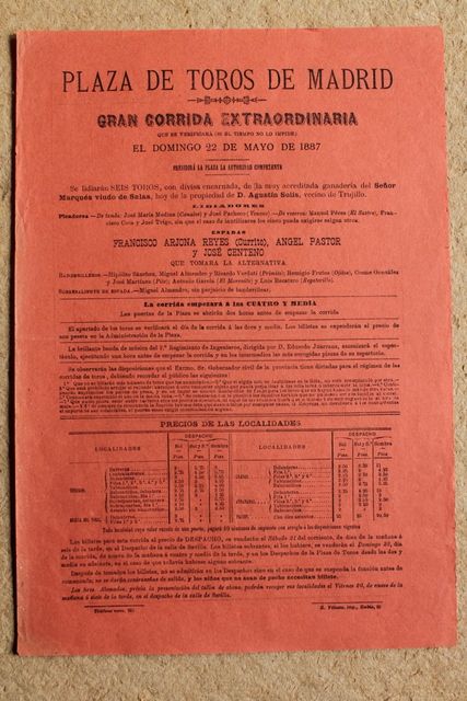Cartel de toros de Madrid. 22 de mayo de 1887.