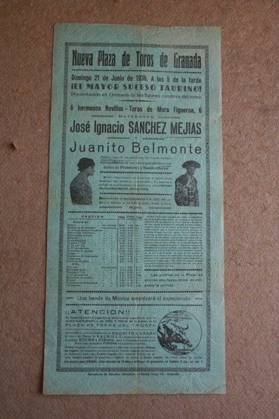 Cartel de toros de Granada. 21 de junio de 1936.