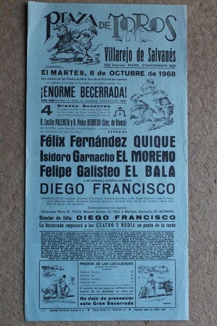 Cartel de toros de Villarejo de Salvanés.8 de octubre de 1968.  