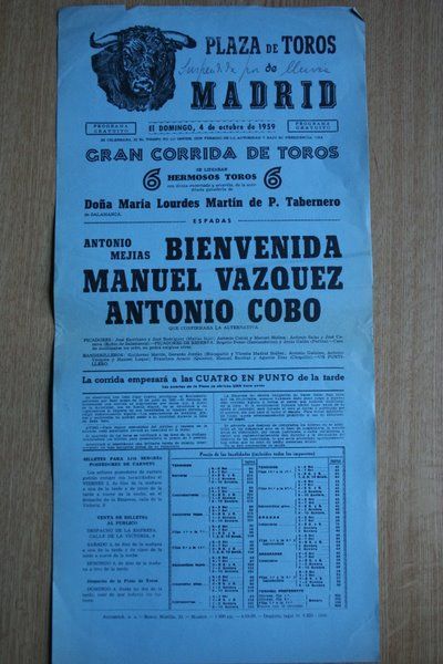 Cartel de toros de Madrid. 1959.