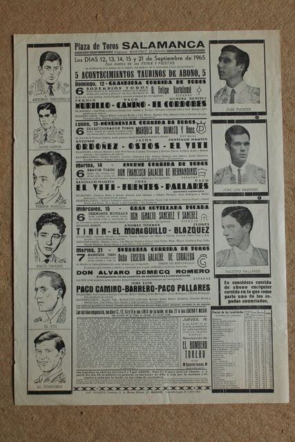 Cartel de toros de Salamanca. 12, 13, 14, 15 y 21 de septiembre de 1965.