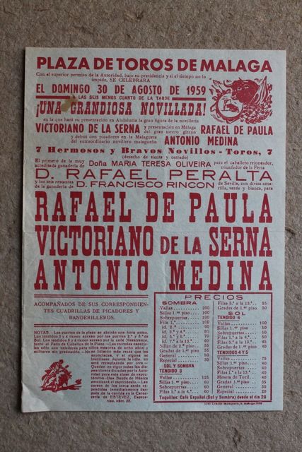 Cartel de toros de Málaga. 30 de agosto de 1959. 