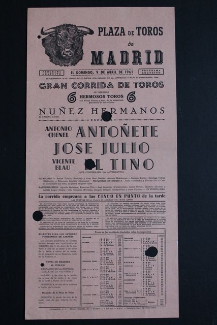 Cartel de toros de Madrid. Domingo, 9 de abril de 1961.