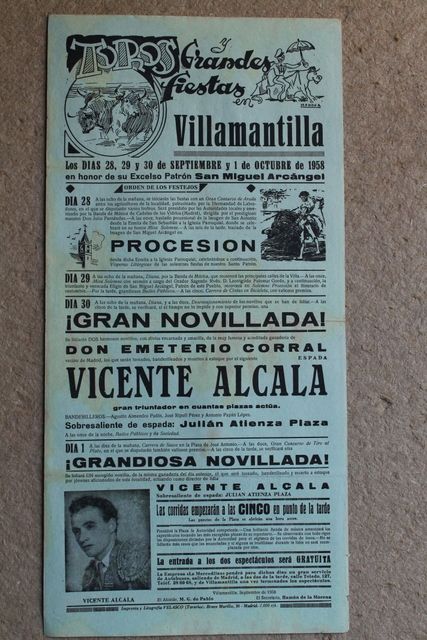 Cartel de toros de Villamantilla. 28, 29 y 30 de septiembre y 1 de octubre de 1958.