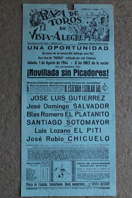 Cartel de toros de Vista-Alegre. Madrid. 1 de agosto de 1964. 