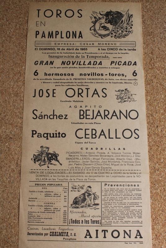 Cartel de toros de Pamplona. 18 de abril de 1965.
