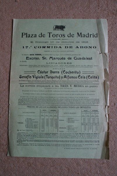 Cartel de toros de Madrid. 10 de octubre de 1915.