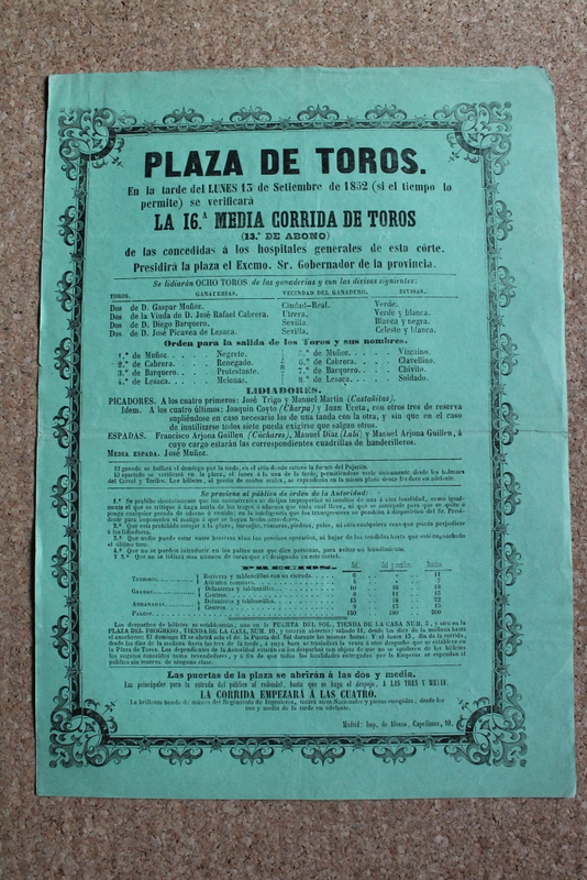 Cartel de toros de Madrid. 13 de septiembre de 1852. 
