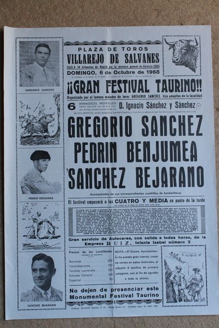 Cartel de toros de Villarejo de Salvanés. 6 de octubre de 1968.