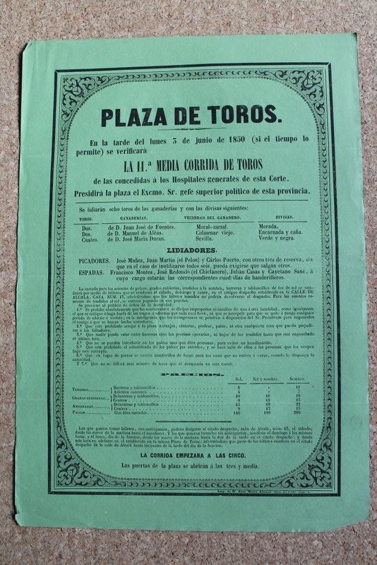 Cartel de toros de Madrid. 3 de junio de 1850.
