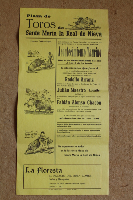 Cartel de toros de Santa María la Real de Nieva. 9 de septiembre de 1985. 