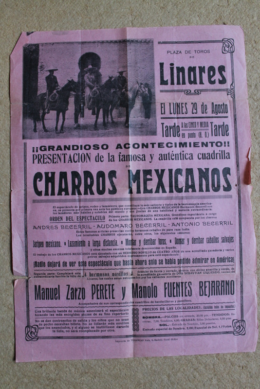 Cartel de toros de Linares. 29 de agosto. Charros Mexicanos.
