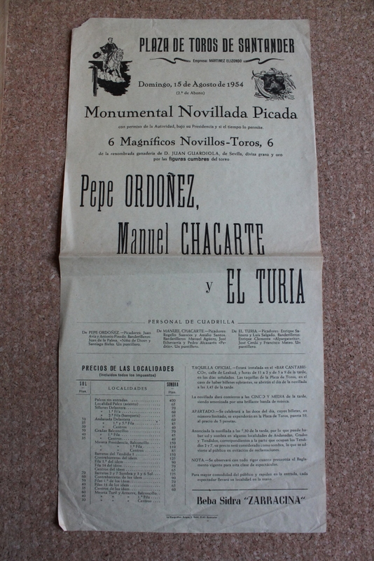 Cartel de toros de Santander. 15 de agosto de 1954.