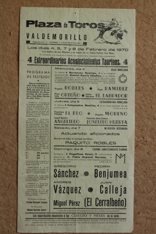 Cartel de toros de Valdemorillo. 4, 5, 7 y 8 de febrero de 1970.