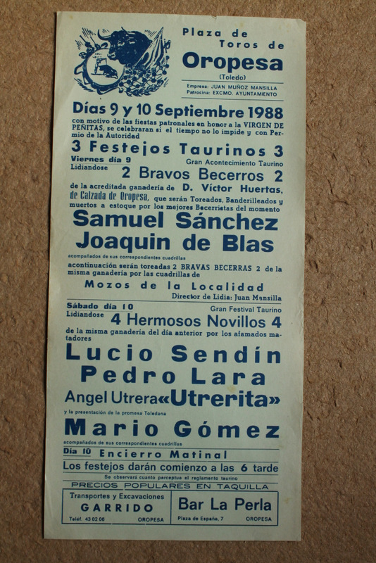 Cartel de toros de Oropesa. (Toledo). 9 y 10 de septiembre de 1988. 