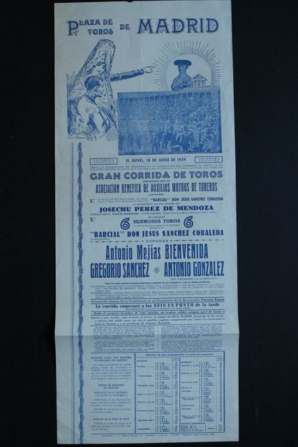 Cartel de toros de Madrid, 18 de junio de 1959. Auxilios Mutuos de Toreros.