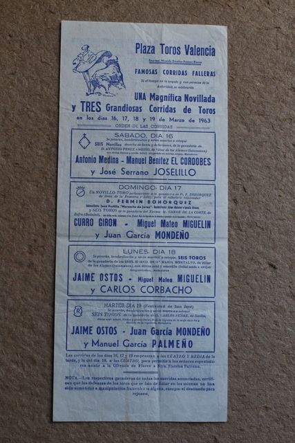 Cartel de toros de Valencia. Famosas Corridas Falleras. 16, 17, 18 y 19 de marzo de 1963.