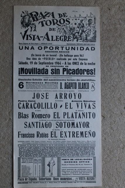 Cartel de toros de Vista-Alegre. Madrid. 19 de septiembre de 1964. 