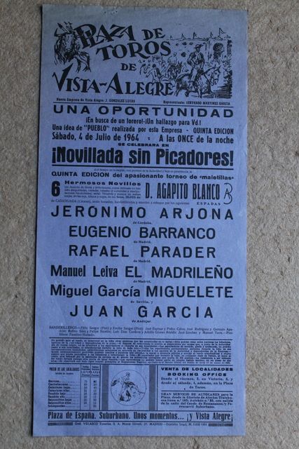 Cartel de toros de Vista-Alegre. Madrid. 4 de julio de 1964. 