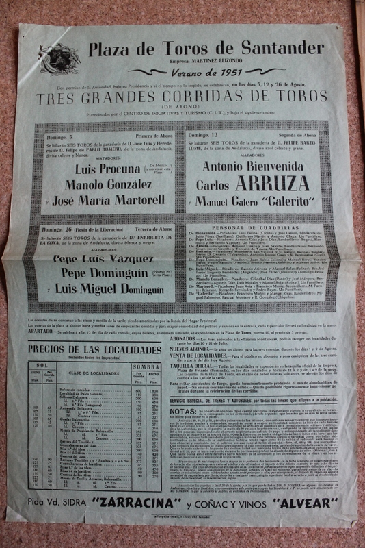 Cartel de toros de Santander. 5, 12 y 26 de agosto de 1951.