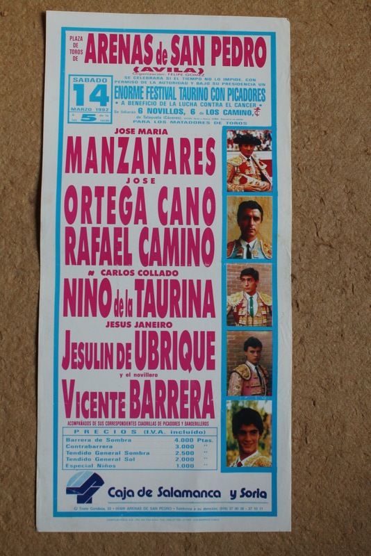 Cartel de toros de Arenas de San Pedro. 14 de marzo de 1992.