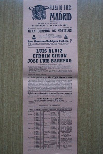 Cartel de toros de Madrid. 1962.