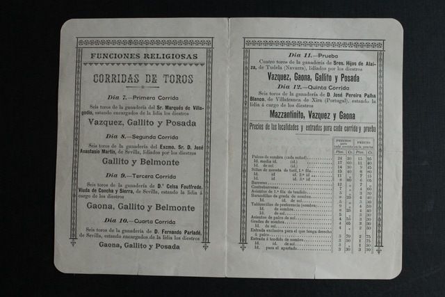 Programa de toros de Pamplona. Ferias y fiestas de San Fermín. 6 al 18 de julio de 1914. 