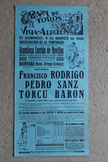 Cartel de toros de Vista-Alegre. Madrid. 4 de marzo de 1956.